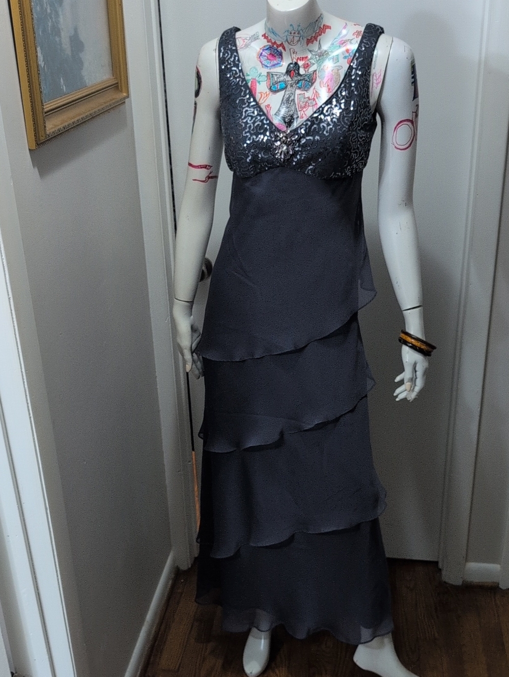 Sequin-Embellished Tiered Maxi Dress in Gray